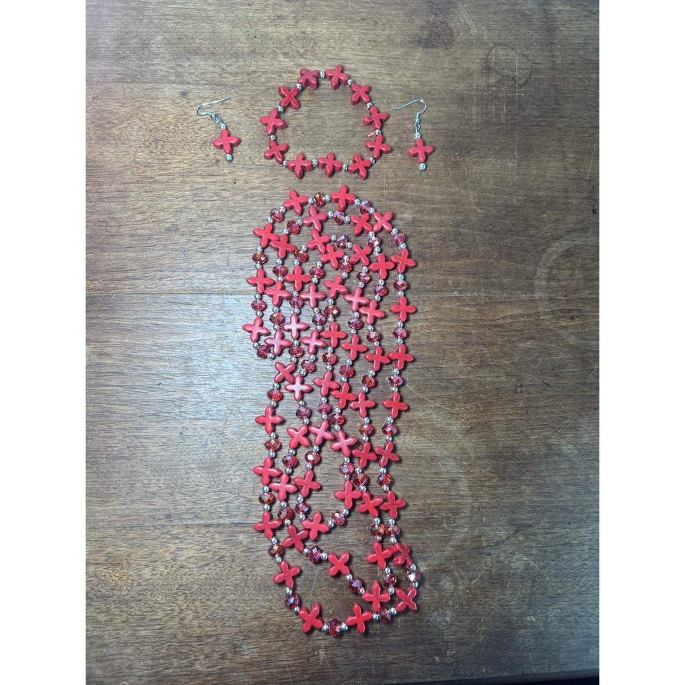 Full Set! Ceramic Celtic Cross 52" Necklace Bracelet And Earrings Red Goth Vtg